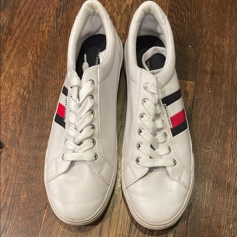 Women’s White Sneakers with Red and Black Stripes